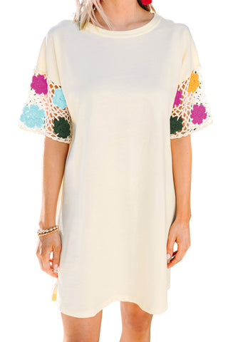 White Floral Crochet Splicing Sleeve T-shirt Dress - Alleure