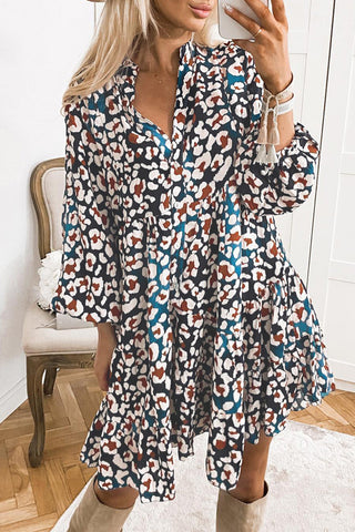 Blue Leopard Print Bubble Sleeve Ruffled Shirt Dress - Alleure