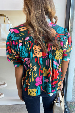Bright Floral Print Blouse with Puff Sleeves & Tied V Neck