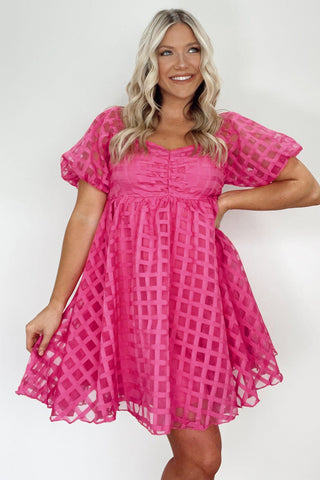 Strawberry Pink Checkered Puff Sleeve Babydoll Dress - Alleure