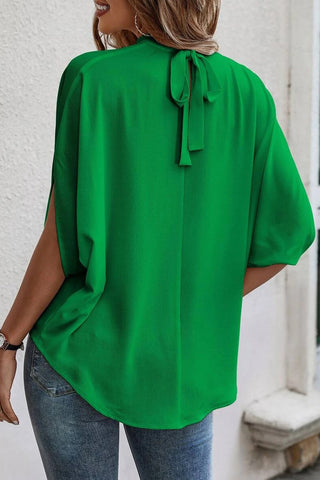 Silky Blouse Batwing Sleeves Neckline Pleats- 2 Colors