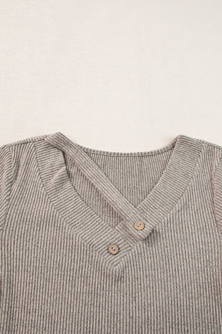 V Neck Strap & Button Detail Ribbed Tee