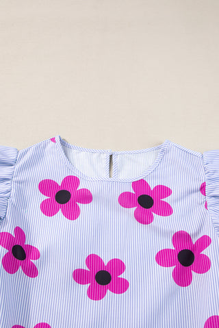 Stripe Blouse Flutter Sleeves Flower Imprint - 2 Colors