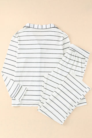 White Striped PJ Set Long Sleeves Drawstring Waist