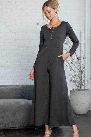 Henley Jumpsuit Wide Leg Long Sleeves Pockets