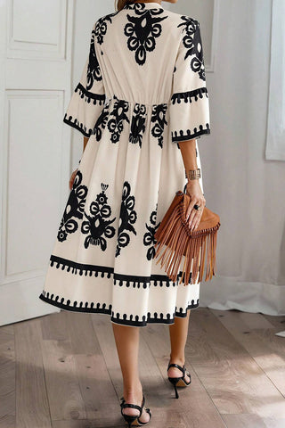 Ethnic Print 3/4 Sleeve Loose Fit Midi - 2 Colors