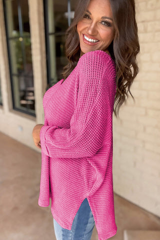 Waffle Knit Loose Fit V Neck Top - 3 Colors