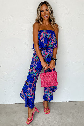 Strapless Floral Print Jumpsuit with Tiered Hem & Bodice