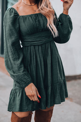 Black Solid Color Flounce Hem A -Line Square Neck Dress - Alleure