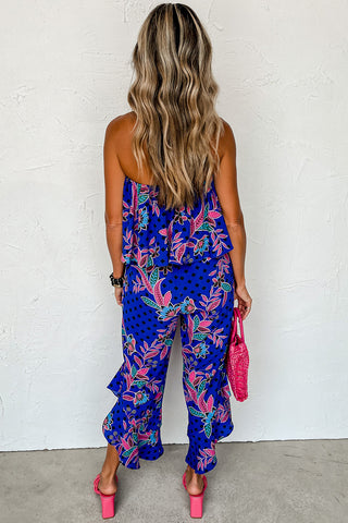 Strapless Floral Print Jumpsuit with Tiered Hem & Bodice