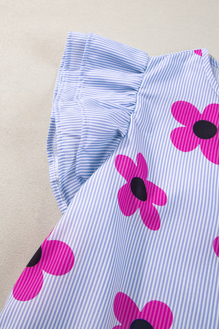 Stripe Blouse Flutter Sleeves Flower Imprint - 2 Colors