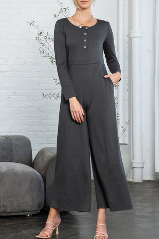 Henley Jumpsuit Wide Leg Long Sleeves Pockets