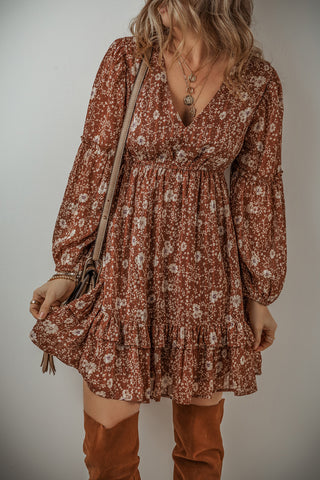 Brown Boho Floral Dress Ruffle Puff Sleeves