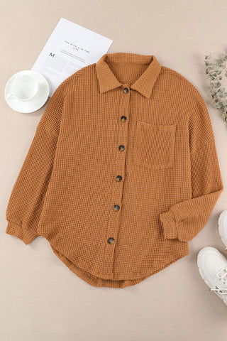 Brown Pocket Buttons Front Waffle Knit Shacket