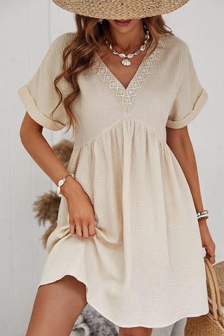 Beige Lace Splicing V Neck Rolled Up Sleeve Empire Waist Mini Dress - Alleure