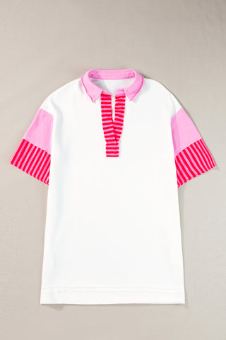 White Stripe Colorblock Sleeve Collared Short Dress