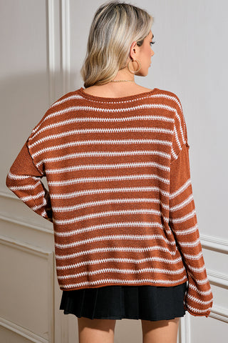 Loose Fit Striped Round Neck Drop Shoulder Sweater - 4 Colors