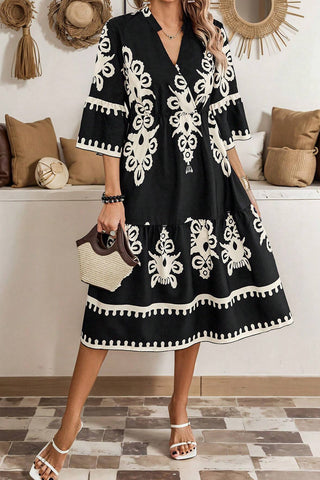 Ethnic Print 3/4 Sleeve Loose Fit Midi - 2 Colors