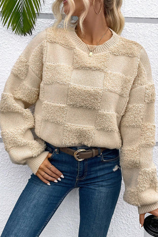 Beige Checker Pattern Sherpa Crew Neck Loose Sweater