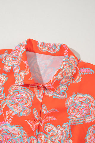 Red Floral Print Lapel Collar Loose Shirt Mini Dress