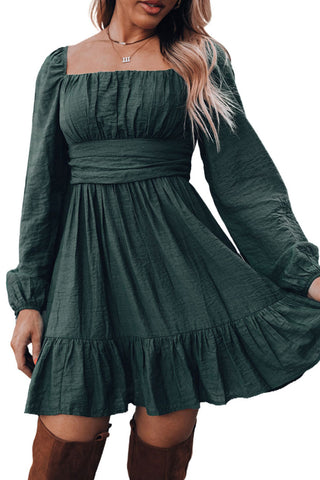 Black Solid Color Flounce Hem A -Line Square Neck Dress - Alleure