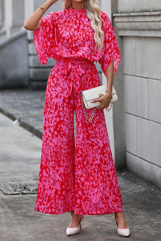 Pink & Red Leopard Print Wide Leg Jumpsuit with Tulip Sleeves & Belt