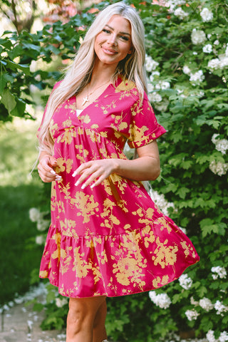 Rose Floral Short Sleeve Surplice Neck Ruffled Mini Dress - Alleure
