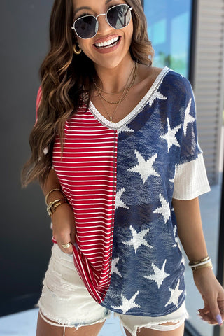 Stripes & Stars V Neck Short Sleeve Knit - 2 Color Variations