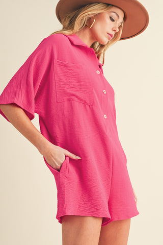 Romper Short Sleeves Collar Button Front - 4 Colors