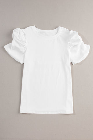 White Ruched Puff Sleeve Solid Color Blouse