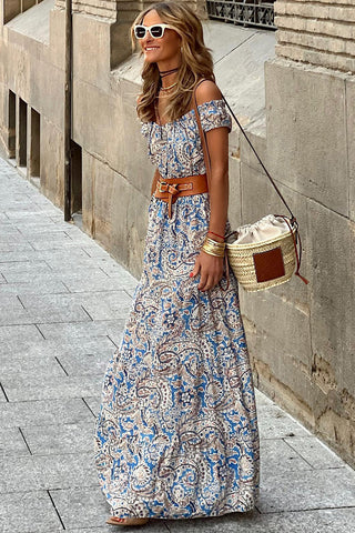 Pink Boho Paisley Print Off Shoulder Maxi Dress - Alleure