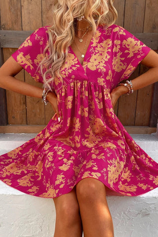 Rose Floral Short Sleeve Surplice Neck Ruffled Mini Dress - Alleure