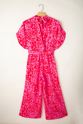 Pink & Red Leopard Print Wide Leg Jumpsuit with Tulip Sleeves & Belt
