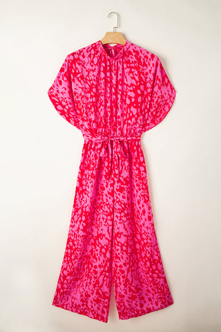 Pink & Red Leopard Print Wide Leg Jumpsuit with Tulip Sleeves & Belt