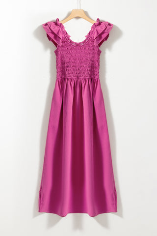 Rose Red Crinkled Ruffle Strap Smocked Midi Dress - Alleure