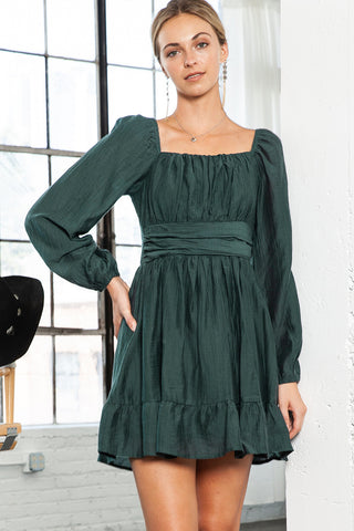 Black Solid Color Flounce Hem A -Line Square Neck Dress - Alleure