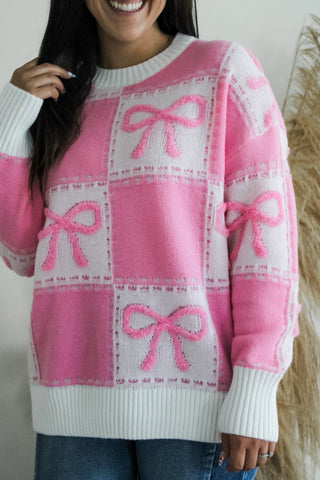 Pink Bow Block Checkered Sweater