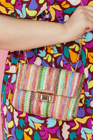 Camel Woven Striped Flapped Single Shoulder Bag - Alleure