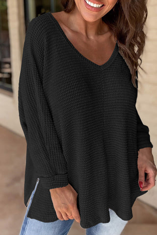 Waffle Knit Loose Fit V Neck Top - 3 Colors