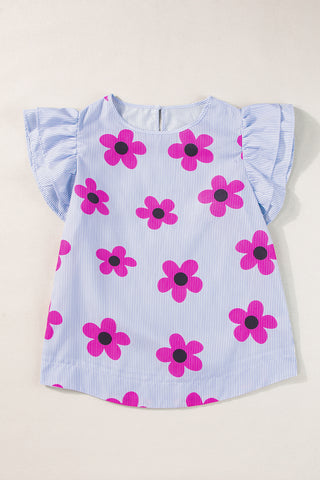 Stripe Blouse Flutter Sleeves Flower Imprint - 2 Colors