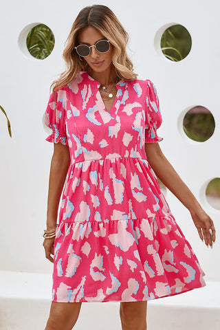 Pink Abstract Print Dress V Neck Shirred Sleeves