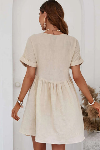 Beige Lace Splicing V Neck Rolled Up Sleeve Empire Waist Mini Dress - Alleure