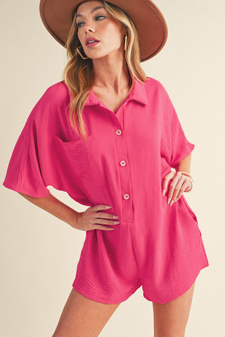 Romper Short Sleeves Collar Button Front - 4 Colors