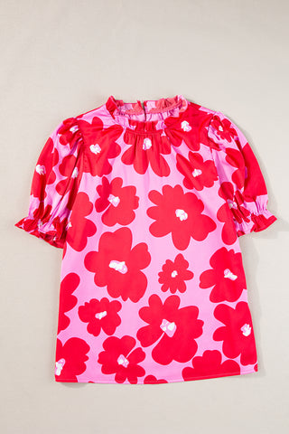 60s Floral Print Puff Sleeve Blouse with Frill Neckline - 2 Colors