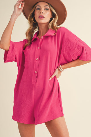 Romper Short Sleeves Collar Button Front - 4 Colors