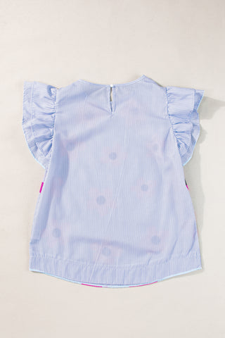 Stripe Blouse Flutter Sleeves Flower Imprint - 2 Colors