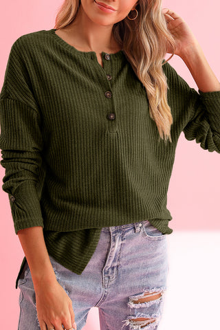 Ribbed Knit Long Sleeve Henley Top - 3 Colors
